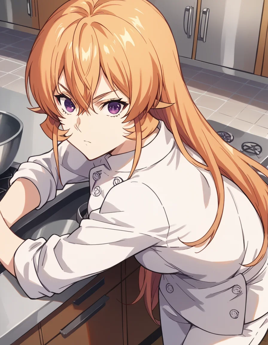 score_9, score_8_up, score_7_up, source_anime,
erinanakiri, <lora:erina-nakiri-s1-ponyxl-lora-nochekaiser:1>,
erina nakiri, long hair, orange hair, purple eyes, hair between eyes,
pants, white pants, chef, long sleeves, sleeves rolled up,
indoors, kitchen, bent over,
looking at viewer, cowboy shot, dutch angle, solo,