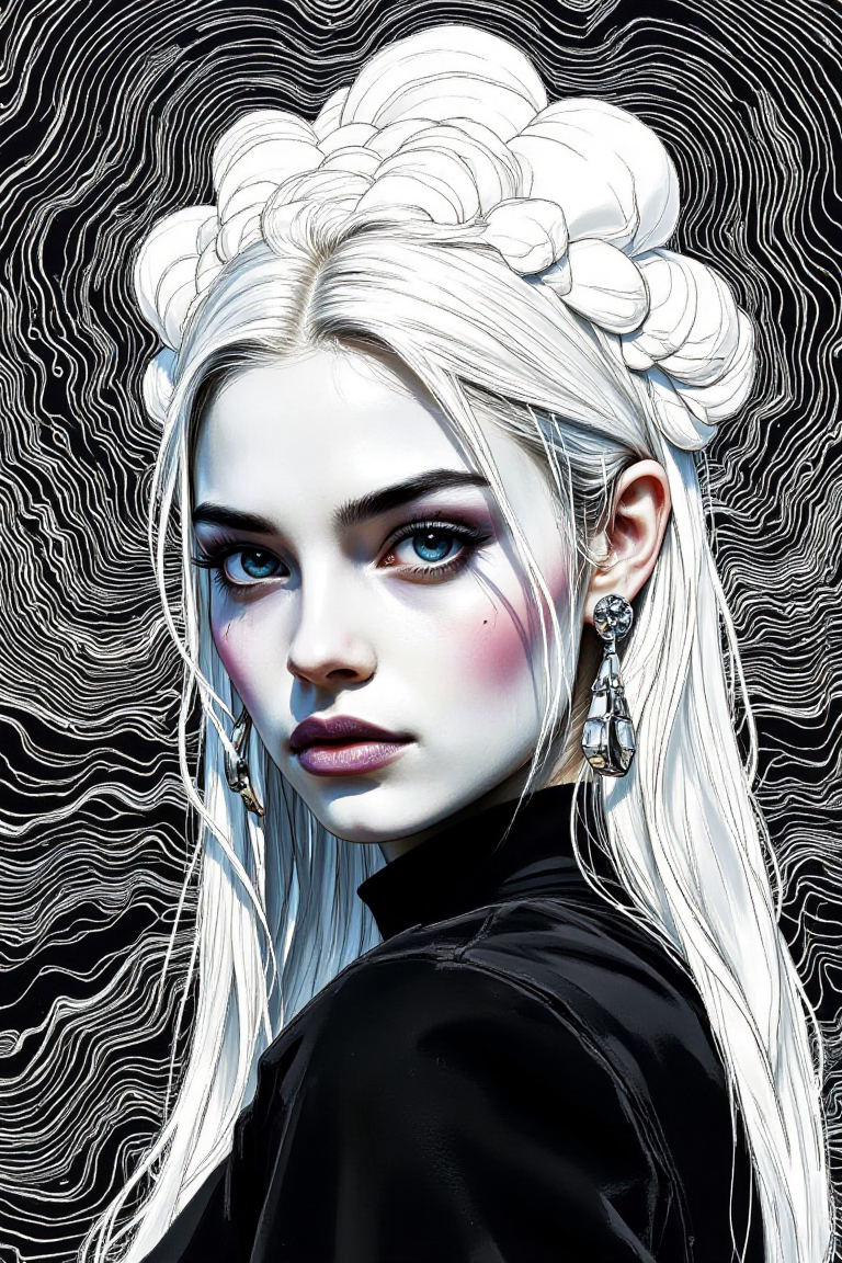 (*digital illustration, hyper-realistic, photorealistic, ethereal, smooth textures, glossy finish*) A young woman with an almost otherworldly appearance. Her complexion is luminous with a soft sheen, suggesting a subtle backlight. Her long, sleek platinum-blonde hair is parted down the middle, cascading smoothly down her back, reflecting the glow. She has large, expressive almond-shaped eyes accentuated by bold, electric blue eyeliner, her gaze directed to the side, adding depth and emotion. Her full lips are painted a glossy, deep violet.  
She wears oversized, geometric silver earrings, adding a modern, edgy touch to her elegant look. Her attire consists of a black, high-neck blouse, providing a sharp contrast against the intricate monochromatic background.  
(*black and white digital drawing, abstract, topographical map style, high contrast, intricate patterns*) The background consists of swirling, concentric lines resembling mountain ranges or ocean waves, creating a sense of depth and movement. The upper section features an undulating mass of curved lines, resembling a cloud or mountain peak, while the lower portion has a structured, geometric form suggesting a rocky shoreline or cliff. The stark contrast between thick, bold white lines and the solid black background enhances the intricate details, emphasizing the interplay between positive and negative space in a visually engaging composition.