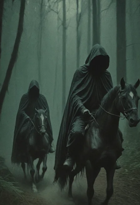 dark fantasy art style, Two figures in dark robes with thick hoods with invisible faces were riding horses through the dense forest, muted, eerie atmosphere, grainy texture