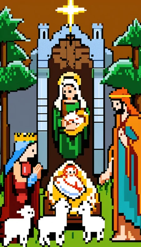 pixel-art Nativity Scene, scenery, detailed background, masterpiece, best quality, high quality, absurdres <lora:nativity_scene_xl_v1:1> . low-res, blocky, pixel art style, 8-bit graphics