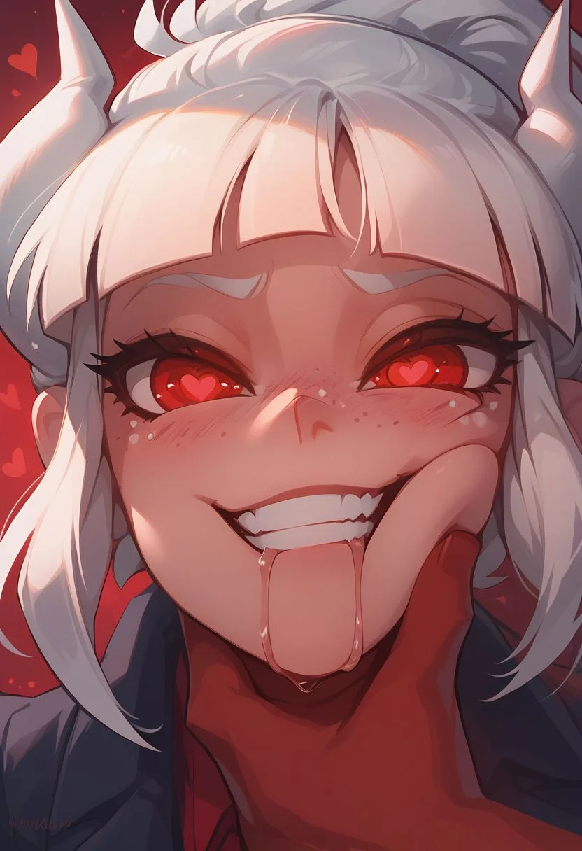 score_9, score_8_up, score_8, ponytail, lucifer, helltaker, pretty girl with white hair, freckles, big tits, smiling, teeth, eyes rolled back, getting choked, drooling, hearts in eyes, close up on face, meru