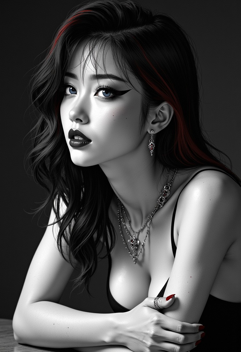 realistic skin texture, solo focus, detailed face, detailed black and white phot with spot colour, monochrome, greyscale, masterpiece, great lighting, BREAK, portrait of beautiful japanese woman, dark eyeshadow, blonde hair between eyes, black eye-liner, blue eyes, red lipstick, cocktail dress, no bra, cleavage, earrings, necklaces, upper body drawing, dark hair with red streak, leaning forward to rest on elbows, High Detail, Perfect Composition, realistic image, mythp0rt