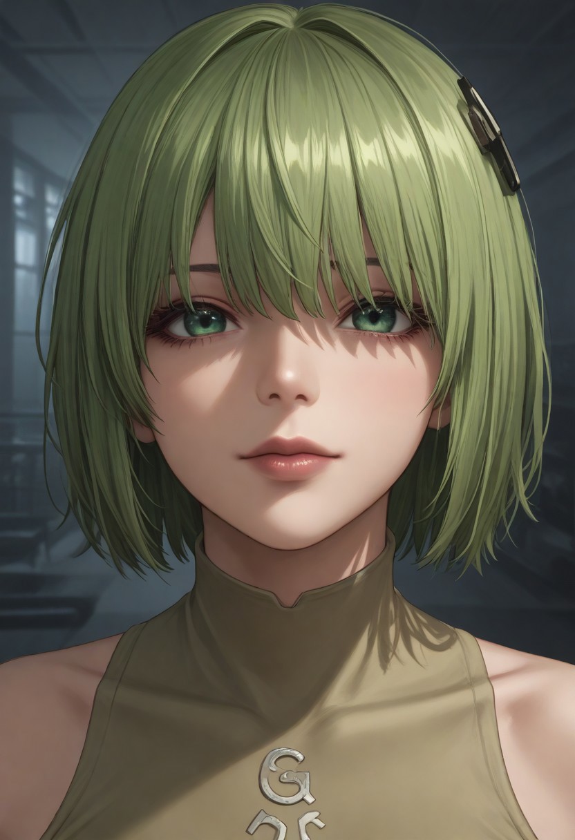 1girl, solo, solo focus, highres, absurdres, CL_Dummy, short hair, long bangs, hair over eyes, light green hair, lipstick, shiny lips, brown lips, circle hair ornament,   
looking at viewer, head tilt, light smile, closed mouth, close-up, face focus,
factory, industrial pipe, stasis tank, dark,