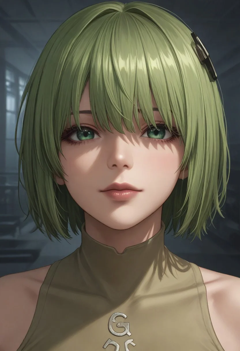 1girl, solo, solo focus, highres, absurdres, CL_Dummy, short hair, long bangs, hair over eyes, light green hair, lipstick, shiny lips, brown lips, circle hair ornament,
looking at viewer, head tilt, light smile, closed mouth, close-up, face focus,
factory, industrial pipe, stasis tank, dark,