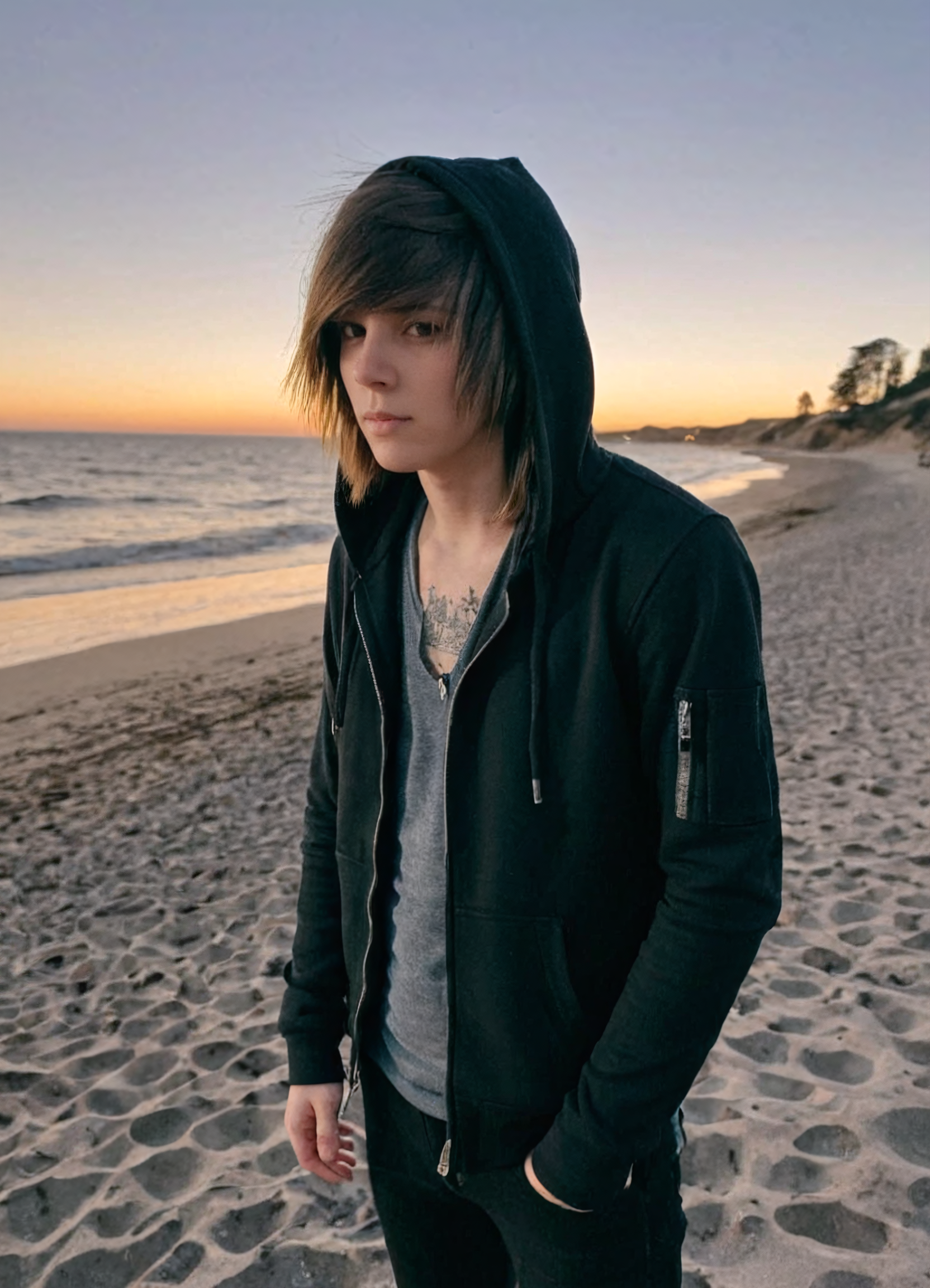 1boy, sceneboy, at a pacific coast pebble beach at night, deep vneck shirt, black jeans, black unzipped hoodie jacket, hood up, swept bangs, long two tone hair, chest tattoo, portrait, cinematic, shot on film, film grain, canon 35mm, moody lighting,sunset, dusk, golden hour, backlight, pink and orange clouds, 
 <lora:sceneboys-000007:1.0000000000000002>