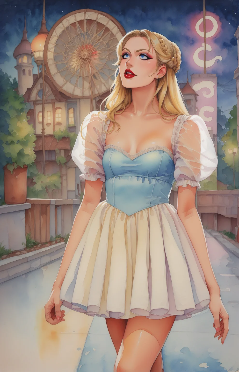 score_9,score_8_up,score_7_up, perfect hands, detailed background, smooth skin, detailed background, ukiyo-e, shiny skin, night, chiaroscuro, ferris weel, neon lights, floral dirndl, walking, looking up
(1 female),(tall), (small breasts), long hair, french braid, blonde hair, blue eyes, , red matte lipstick, mascara, pale beige eyeshadow, raised eyebrow
<lora:add-detail-xl:1> <lora:Watercolor Painting Style LoRA_Pony XL v6:0.8> watercolor \(medium\), traditional media, <lora:Tiramisu_Tart_Kazuhiros_Sukebena_musume_no_otoshi-kata_dosukebena_obasan_ga_shikonde_ageru_Artstyle_PonyXL:0.4> <lora:Adorable_puff_dress:1>