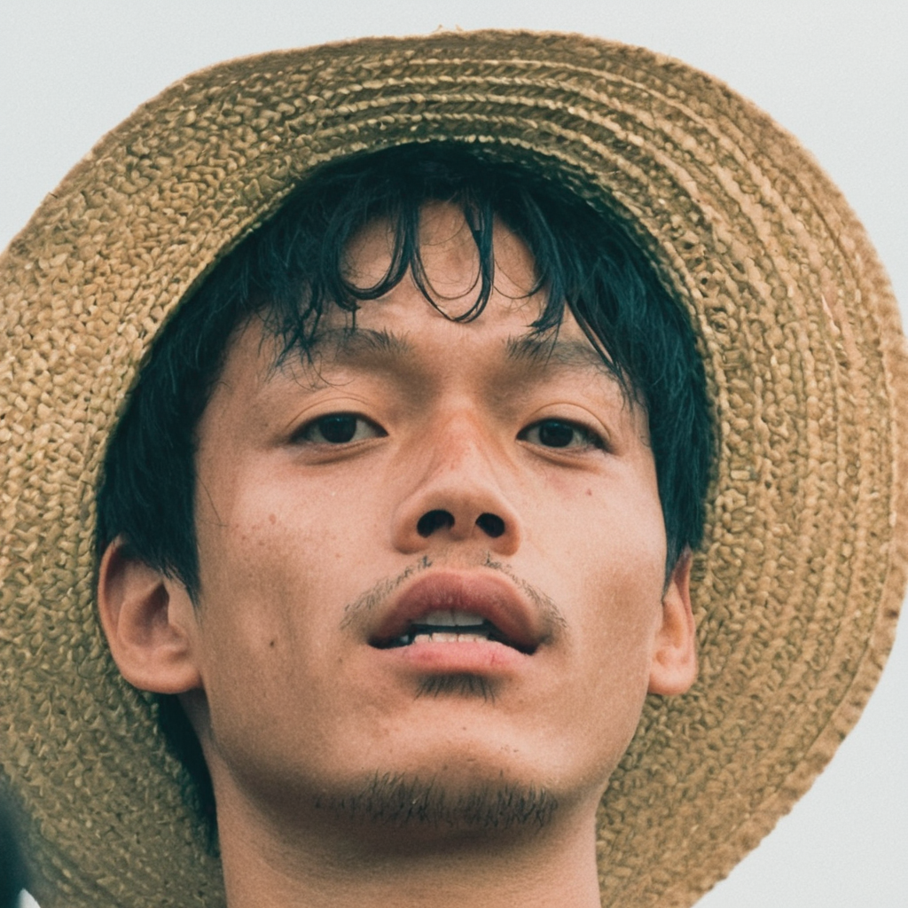 portrait photograph of Monkey D Luffy wearing a straw hat watching a concert, Zenit 35mm