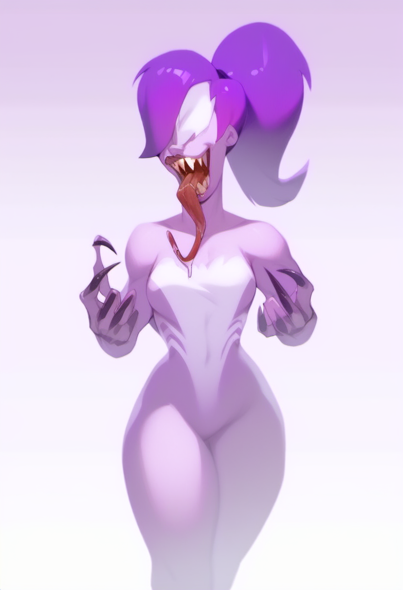 source_cartoon, rating_safe, <lora:SymbioteWomen_for_PonyXL:1>, symbiette, breasts, purple symbiote, <lora:Turanga_Leela_for_PonyXL:1>, turanga_leela, 1girl, ponytail, makeup, fully covered, solo, tongue, teeth, tongue out, open mouth, sharp teeth, claws, long tongue, thick thighs, saliva, standing, standing on the bridge of a futuristic starship, in front of a crowd, score_9, score_8_up, score_7_up, score_6_up, score_5_up, score_4_up