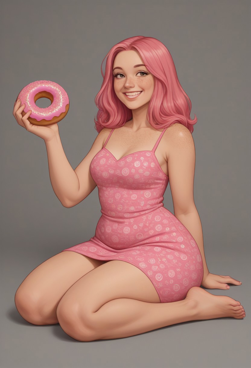 a2dstyle, bold outlines, flat colors, defined shading, illustration, 1girl, pink hair, freckles, PAWG, Thicc, character design, sitting on a donut, pink maxi dress, smile