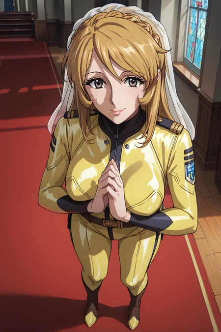 score_9, score_8_up, score_7_up, score_6_up, score_5_up, score_4_up, source_anime, BREAK, (extremely detailed CG, best quality:1.1), high quality, masterpiece, mature female, nfsw, uncensored, milf, 1girl, solo, long hair, breasts, smile, blue eyes, blonde hair, bown hair, brown eyes, medium breasts, belt, uniform, grey eyes, military, bodysuit, skin tight, yellow bodysuit, epaulettes, boots, Yuki Mori, mature female, bridal veil, crown braid, praying, habit, perspective, cathedral, red carpet, romantic, full body, <lora:Yuki_Mori:1> <lora:cfg_scale_boost:0.3>