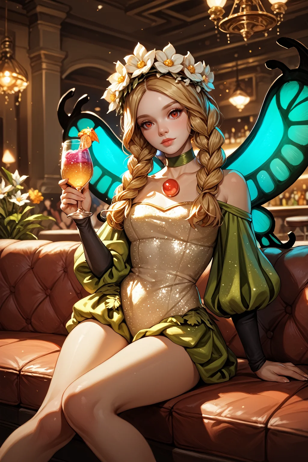score_9, score_8_up, score_7_up,
<lora:OdinSphereMercedes:0.9>
OdinSphereMercedes, 1girl, blonde hair, twin braids, red eyes, flower crown, fairy wings, looking at viewer, sitting on a couch, glitter dress, nightclub, ambient lighting, drinks