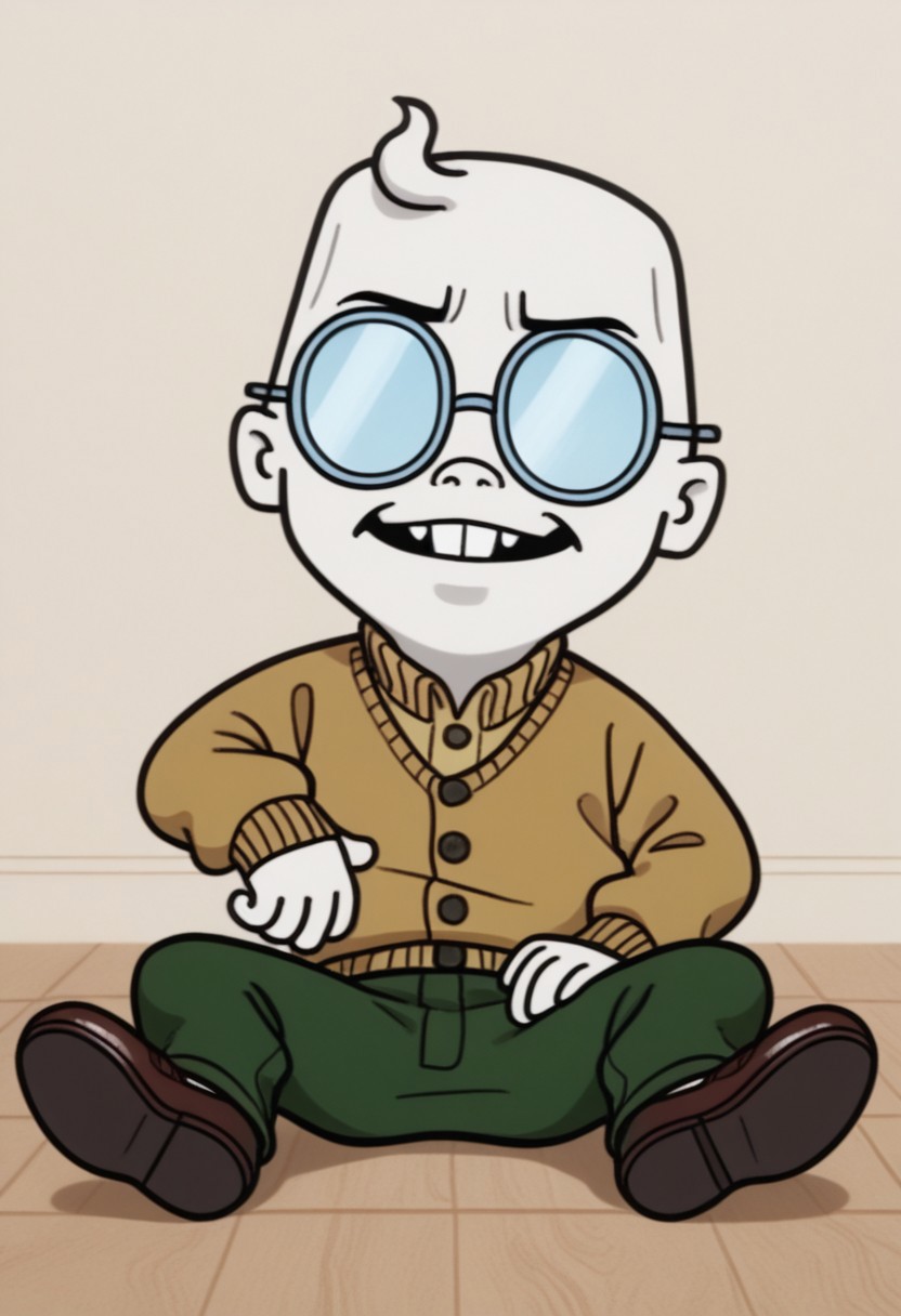Solo, one character, 
ElmerSkloo, 1boy, single lock of curly hair, protruding front tooth, button nose, round opaque glasses, beige sweater, dark green pants, brown shoes,