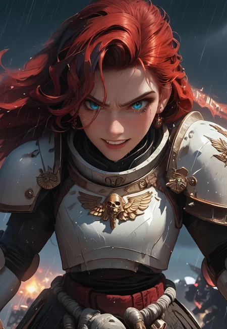cowboy shot:1.6,

1girl, solo, 24 year old woman, large body, running:1.4, beautiful, long hair, dark red hair, freckles:1.4, face uplifted:1.6, looking up, looking at the sky, earrings, (fierce) grin:1.5, crying:1.5, teeth clenched:1.4, angry smile:1.5, wide hips, knight armor:1.5, heavy armor, gauntlets, greaves, bright blue eyes, rain falling on her face:1.5, tan skin, tears on chin, tears on cheeks, action pose:1.3,

dusk, after battle, muddy field, some grass, fallen soldiers around her:1.4, storming, dark gray sky, dark sky:1.4, streaming banners, battlefield, intense rain:1.3, dreary, raining, overcast, mountains and hills in the background,

score_9, score_8_up, score_8, masterpiece, best quality, official art, extremely detailed, CG unity 8k wallpaper, absurdres, high definition, photorealism:1.5, detailed shading, high contrast, ambient occlusion, vivid colors:1.5, saturated colors:1.6, 

dynamic angle:1.3, cinematic,

expressiveh, whites40k, tears, 