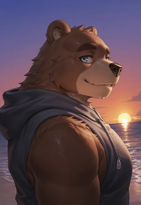 furry, solo, bear,
, reaching, upper body, sunset, (sleeveless hoodie), looking at viewer, close up, beach, side view,
, l1nd0n9, masterpiece,best quality,amazing quality,