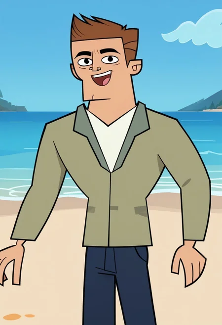 Score_9, cartoon source, toon source, DON, 1boy, solo, Brown hair, black eyes, thin eyebrows, black pupils, round pupils, light green shirt, white shirt, blue pants, happy, beach, blue sky, sunny.