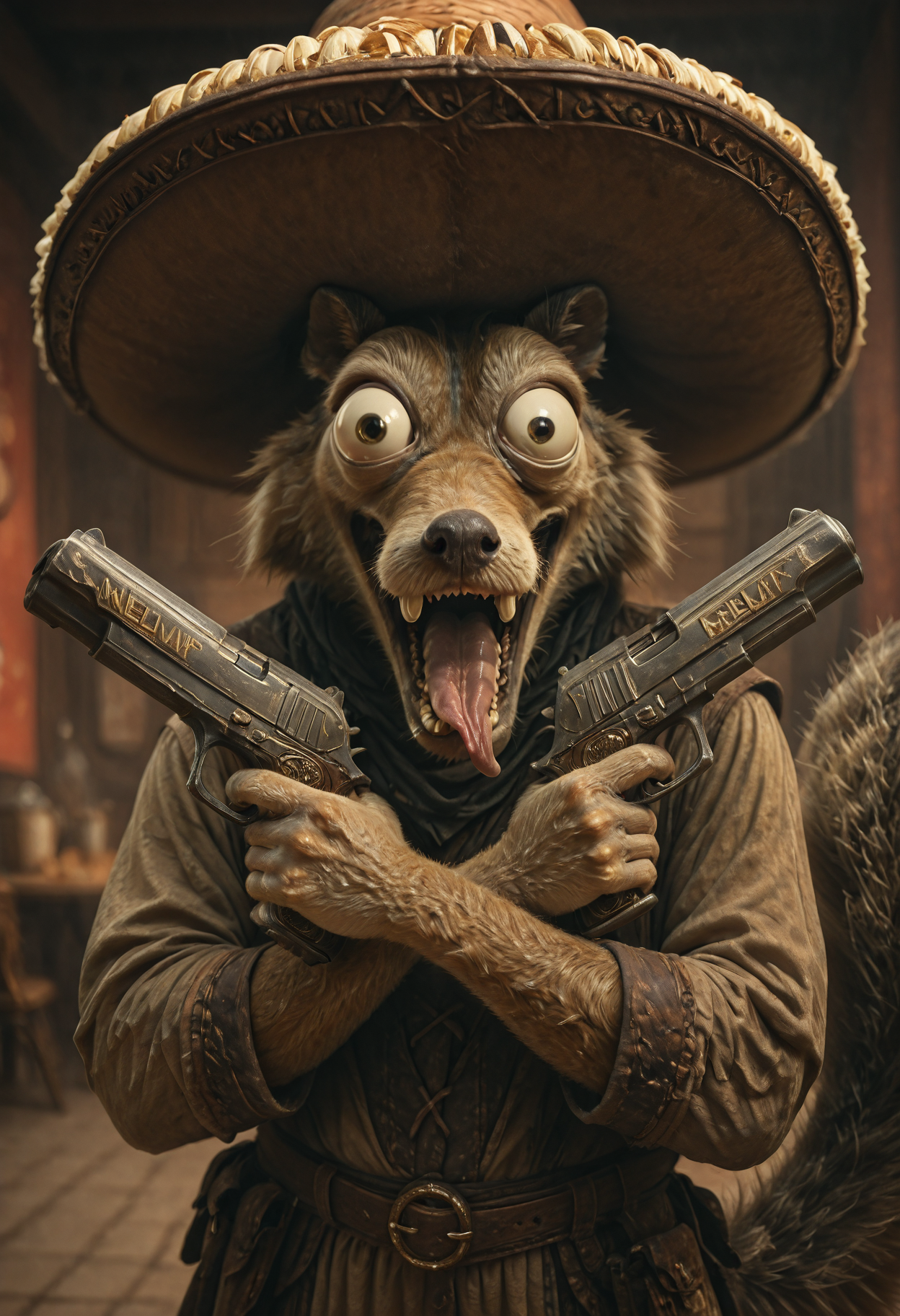 masterpiece, best quality, amazing quality, very aesthetic, high resolution, absurdres, newest, photorealism, realistic, Scrat, solo, long snout, bushy tail, striped tail, bulging eyes, screaming, mouth wide open, tongue out, wearing a giant sombrero, mexican restaurant background,holding dual pistol,x pistol pose,
hkstyle <lora:HKStyleILV2:1> <lora:XPistolPoseIL:1> <lora:Scrat_-_Ice_Age_-_IL:1>