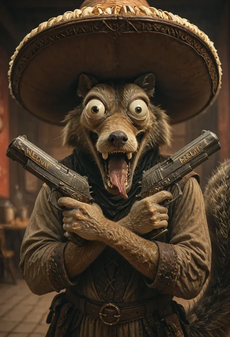 masterpiece, best quality, amazing quality, very aesthetic, high resolution, absurdres, newest, photorealism, realistic, Scrat, solo, long snout, bushy tail, striped tail, bulging eyes, screaming, mouth wide open, tongue out, wearing a giant sombrero, mexican restaurant background,holding dual pistol,x pistol pose,
hkstyle <lora:HKStyleILV2:1> <lora:XPistolPoseIL:1> <lora:Scrat_-_Ice_Age_-_IL:1>