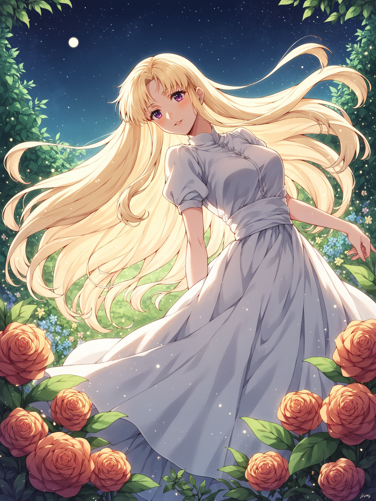 score_9, score_8_up, score_7_up, BREAK,  
studio ghibli style, magical night scene, 1girl, long hair, white latex dress, glowing lights, dusk, night sky, stars, soft lighting, detailed background, intricate details, highly detailed, ultra detailed, hyper detailed, complex background, highres, masterpiece, best quality, lush vegetation, whimsical, serene, tranquil, fantasy, ethereal, warm atmosphere, gentle breeze, peaceful, childlike wonder, vibrant flowers, twilight