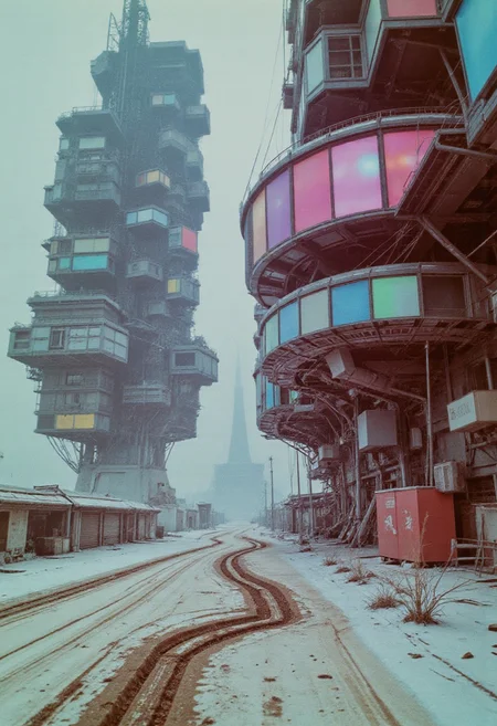Faded neon colors of the 80s, washed-out pastel tones in spectral hues, combined with dystopian beige and gray. Monochrome ni-style Manga Sketch infused with soft, grainy retro tones. Towering over a barren, frozen wasteland in a nuclear winter setting, massive floating structures dominate the desolation. These round, sci-fi residential blocks sprawl like a chaotic web, their glowing panels flickering in muted neon hues of pink, cyan, and violet, refracted by the radioactive snow. The windows, dense and mismatched, emit spectral pastel lights that faintly illuminate the cracked, icy ground below.
The buildings, a mix of sleek technology and weathered neglect, resemble suspended slums. Some sections shimmer with frosted, translucent metal, while others are patched with rusted scraps, their surfaces lined with pipes dripping frozen condensation. Between the structures, illuminated cables stretch in a spectral web, glowing faintly amidst the swirling haze of beige and gray snowstorms.
The horizon blurs into a dystopian haze, where a pale, dim sun casts harsh, elongated shadows across the fractured, irradiated landscape. Torn fragments of banners and flapping cables sway in the ghostly wind, their colors faded into near translucence. The scene evokes a melancholic beauty, blending the faded nostalgia of 80s neon hues with the stark decay of a frozen, dystopian future. This hyper-detailed, cinematic composition captures a hauntingly futuristic world on the brink of collapse.