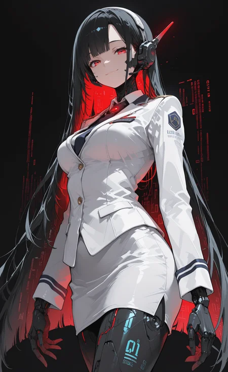 masterpiece, best quality, amazing quality, highres,
1girl, solo, yuuko ichihara, black hair, red eyes,very long hair, Navigator, looking at viewer, smile, closed mouth,robot girl, glowing hair,medium breasts, Stewardess uniform, future uniform,White uniform,Bluetooth Headset,Pencil Skirt
Low Angle, Raise a hand,
(Side view:0.6),black background, simple background, Flying glowing binary code background, r17329_illu, <lora:illustriousXL_stabilizer_v1.23:0.3> <lora:NOOB_vp1_detailer_by_volnovik_v1:0.3> <lora:ponyv6_noobE11_2_adamW-000017:0.45> <lora:r17329_illuu:0.5> <lora:-_iLL_-_the_edgy_mech_V3.0:0.7> <lora:gs_style_ilxl_v1:0.75>
