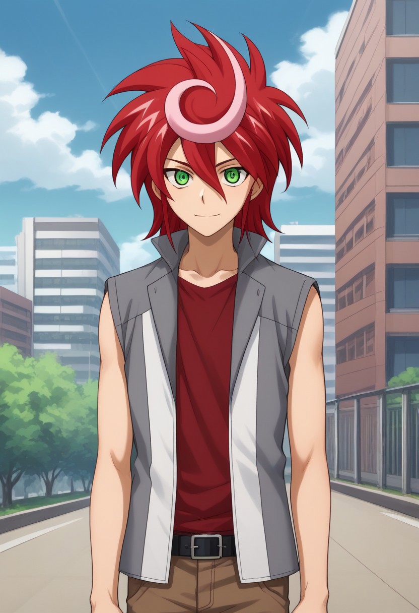 score_9, score_8_up, score_7_up, source_anime, highly detailed, 
shindou, 1boy, solo, male focus, red hair, green eyes, pants, belt, jacket, grey jacket, white jacket, multicolored jacket, sleeveless,
smile, spiked hair, upper body, standing, brown pants, looking at viewer,
shirt, hair between eyes, red shirt, multicolored hair, dyed bangs, two-tone hair,
outdoor, sky, buildings,