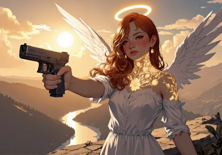 detailed digital illustration of a young woman aiming a G17Model Glock pistol, a serene portrait of an angelic woman with sun-kissed skin and flowing chestnut-brown hair cascading down her back, her glowing green eyes gazing gently at the viewer with a calm, compassionate expression; she wears a modest white gown with delicate lace embroidery along the neckline and bare shoulders, the fabric shimmering faintly under a soft divine glow; her hands hold an elegantly crafted silver pistol adorned with tiny floral engravings, the weapon angled slightly downward as a symbol of peace; her soft white wings are partially folded behind her, the edges catching the golden light of her halo, which casts a warm and soothing radiance; she stands on a cliffside overlooking a tranquil valley, with soft golden sunlight streaming through a layer of clouds and sparkling across a winding river below, creating an atmosphere of serenity and divine grace, she has golden luminescent bio ink designs on her exposed skin on her hands and neck, casting a golden glow, (Colored JJK Manga Style:0.5), (Mangaka style:0.5), bio ink<lora:Jujutsu_Kasien_Colored_Manga-000001.safetensors:0.5:0.5> <lora:Glock (G17)_epoch_12.safetensors:1:1> <lora:Mangaka V2.safetensors:0.5:0.5> <lora:BioInk2FLUX.safetensors:1:1>