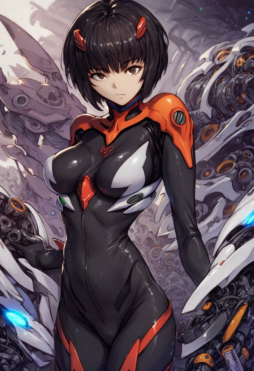 Score_9, score_8_up, score_7_up, score_6_up BREAK MMD0ll, 1girl, short hair, bangs, black hair, brown eyes, breasts, curvy, bodysuit, plugsuit, looking at viewer, mech pilot, mechanical background, futuristic, sci-fi, shiny, glossy, highly detailed, beautiful art, beautiful background, beautiful lighting