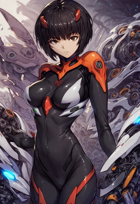 Score_9, score_8_up, score_7_up, score_6_up BREAK MMD0ll, 1girl, short hair, bangs, black hair, brown eyes, breasts, curvy, bodysuit, plugsuit, looking at viewer, mech pilot, mechanical background, futuristic, sci-fi, shiny, glossy, highly detailed, beautiful art, beautiful background, beautiful lighting