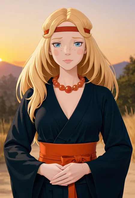 cinematic photo anime artwork absurdres, high quality, masterpiece, very awa,  8k, absurd res,  <lora:Alyonushka:1> alyanushka, alyonka, 1girl, necklace, blue eyes, jewelry, long hair, solo, blonde hair, freckles, headband, bead necklace, beads, pearl necklace, blush stickers, lips, outdoors,  breast,    <lora:GothicKimonoILL:0.9> black kimono, wide sleeves, obi, japanese clothes, (gold arnaments:1.3), Embarrassed, hands together, evening, sunset . anime style, vibrant, studio anime, highly detailed . 35mm photograph, film, bokeh, professional, 4k, highly detailed