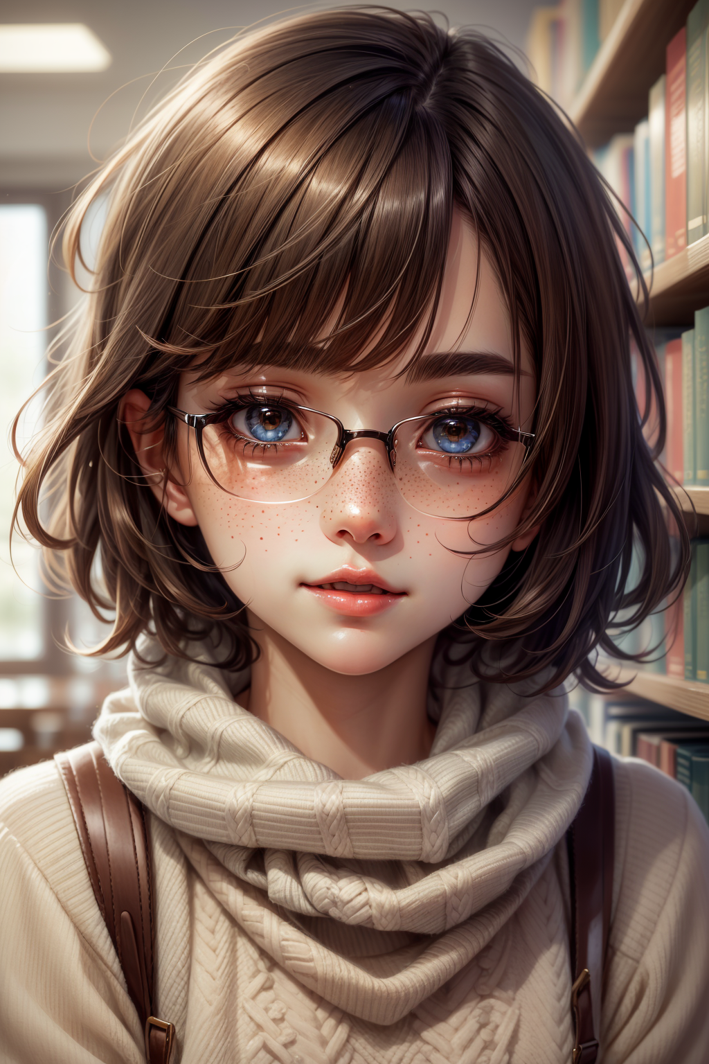 closeup, face, portrait, upper body, 
freckles, 
shy, blush, 
(short brown hair:1.1), 
(librarian:1.1), 
(brown eyes:1.2), 
cozy, detailed eyes, winter sweater, 
<lora:more_details:0.35>
 <lora:Cosmic anime-oil fusion v2:0.5>, shiny, shiny hair, shiny skin, shiny clothes