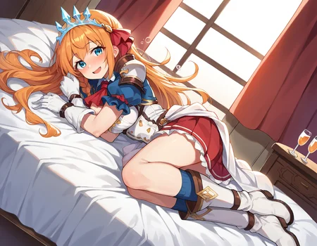 score_9, score_8_up, score_7_up, source_anime,
pecorine, <lora:pecorine-ponyxl-lora-nochekaiser:1>
pecorine, blue eyes, hair ornament, long hair, orange hair, tiara, braid, hair braid, smile, mature female,
arm belt, armor, ascot, blue socks, boots, dress, gloves, hair ornament, open clothes, open dress, pauldrons, pleated skirt, puffy short sleeves, puffy sleeves, red ascot, red skirt, short sleeves, shoulder armor, single pauldron, skirt, socks, white dress, white footwear, white gloves,
indoors, bed, bed room, on side, blush, drunk,
looking at viewer, dutch angle, cowboy shot