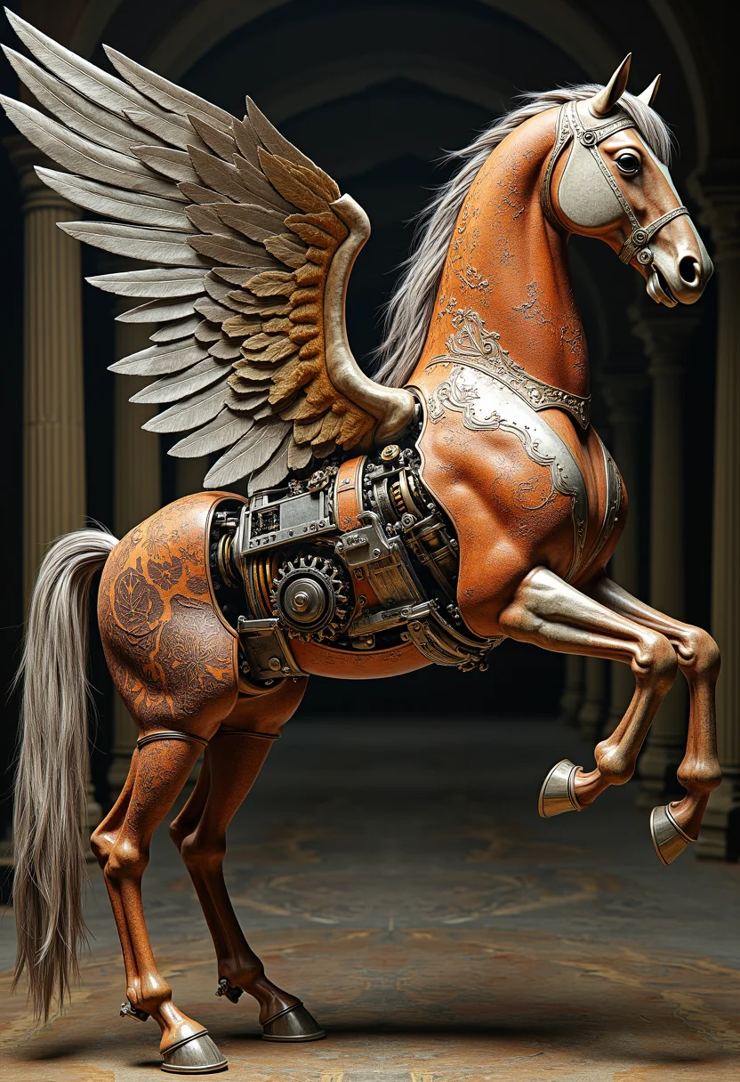 The photograph captures a majestic steampunk-inspired masterpiece—a hybrid creation forged by the collaborative genius of French Romantic painter Eugène Delacroix and Flemish Baroque master Peter Paul Rubens. The central object is a grand, ethereal mechanical winged horse, reminiscent of both artists' iconic works but reimagined in steampunk style.The photo is taken from an oblique angle, slightly elevated, which emphasizes the sliced intervals along a diagonal line running from the upper left to the lower right of the frame. This unique perspective provides a visually striking and dynamic view of the horse's anatomy. Each interval along this diagonal showcases different materials, creating a mesmerizing contrast in textures and colors.Starting from the top left, the first segment is made of gleaming steel, with intricate gears and pistons visible beneath a layer of polished metal. The second segment, sliced diagonally below it, features a fabric material that resembles ornate leather and fine silks, adorned with intricate patterns and embossed details. Below this, the horse's body transitions into more traditional materials like wood, brass fittings, and copper pipes.The colors are vivid and vibrant, blending classic hues with modern steampunk elements. The steel segments shine with a metallic sheen, while the fabric adds a rich, deep brown and gold palette. Shadows and highlights play across the diagonal slices, giving depth and dimension to the composition.In the background, faint outlines of classical architectural elements—such as columns and arches—suggest an ancient setting, hinting at a mysterious world where old meets new in perfect harmony. The overall effect is a stunning fusion of historical art styles with futuristic technology, capturing the essence of innovation and artistic collaboration. HD32K, hyperdetailed, best quality, aidmaMJ6.1.