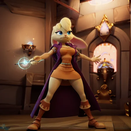 score_9, score_8_up, score_7_up, score_6_up, score_5_up, score_4_up, <lora:Biancarabbit:0.8>, biancarabbit, black claws, 1girl, solo, breasts, short hair, skirt, dress, holding, animal ears, closed mouth, standing, jacket, full body, large breasts, boots, open clothes, belt, indoors, hand up, blurry, arm up, looking to the side, hands up, makeup, glowing, short dress, outstretched arm, furry, legs apart, , wand, magic, body fur, yellow dress, animal nose, holding wand, two-tone fur, rabbit girl, furry female, eyeshadow, blonde hair, blue eyes, rabbit ears, yellow fur, orange dress, short sleeves, open jacket, <lora:Footness_v2:1>, wand,