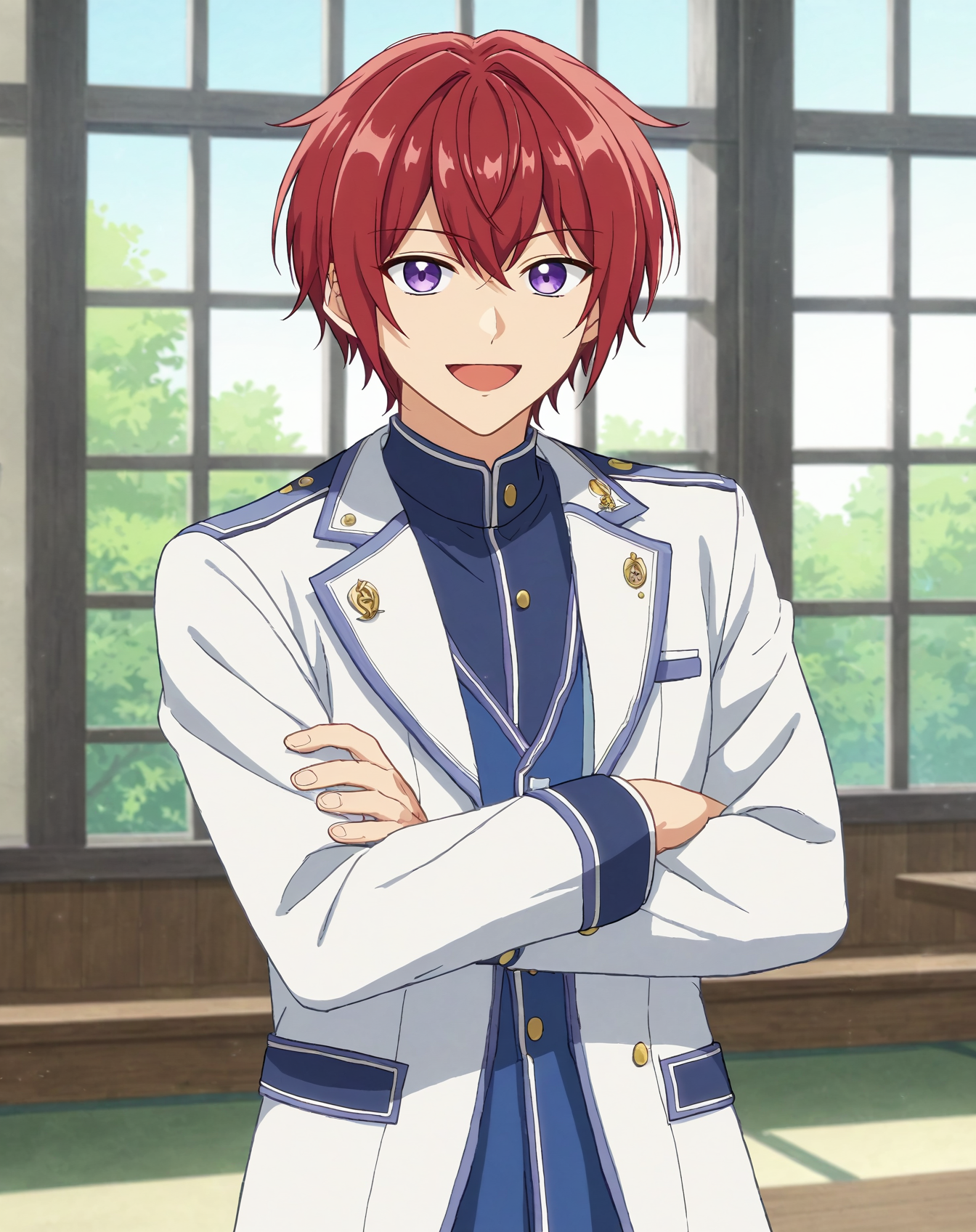 score_9, score_8_up, source_anime, anime screencap, original style, depth of field, BREAK, rating_safe, 1boy, solo, male focus, <lora:suou_tsukasa_pony:1> suou_tsukasa_pony, red hair, purple eyes, bangs, cowboy shot, happy, standing, looking at viewer, yumenosaki school uniform, white jacket, crossed arms, looking at viewer <lora:sdxl_lightning_8step_lora:1>