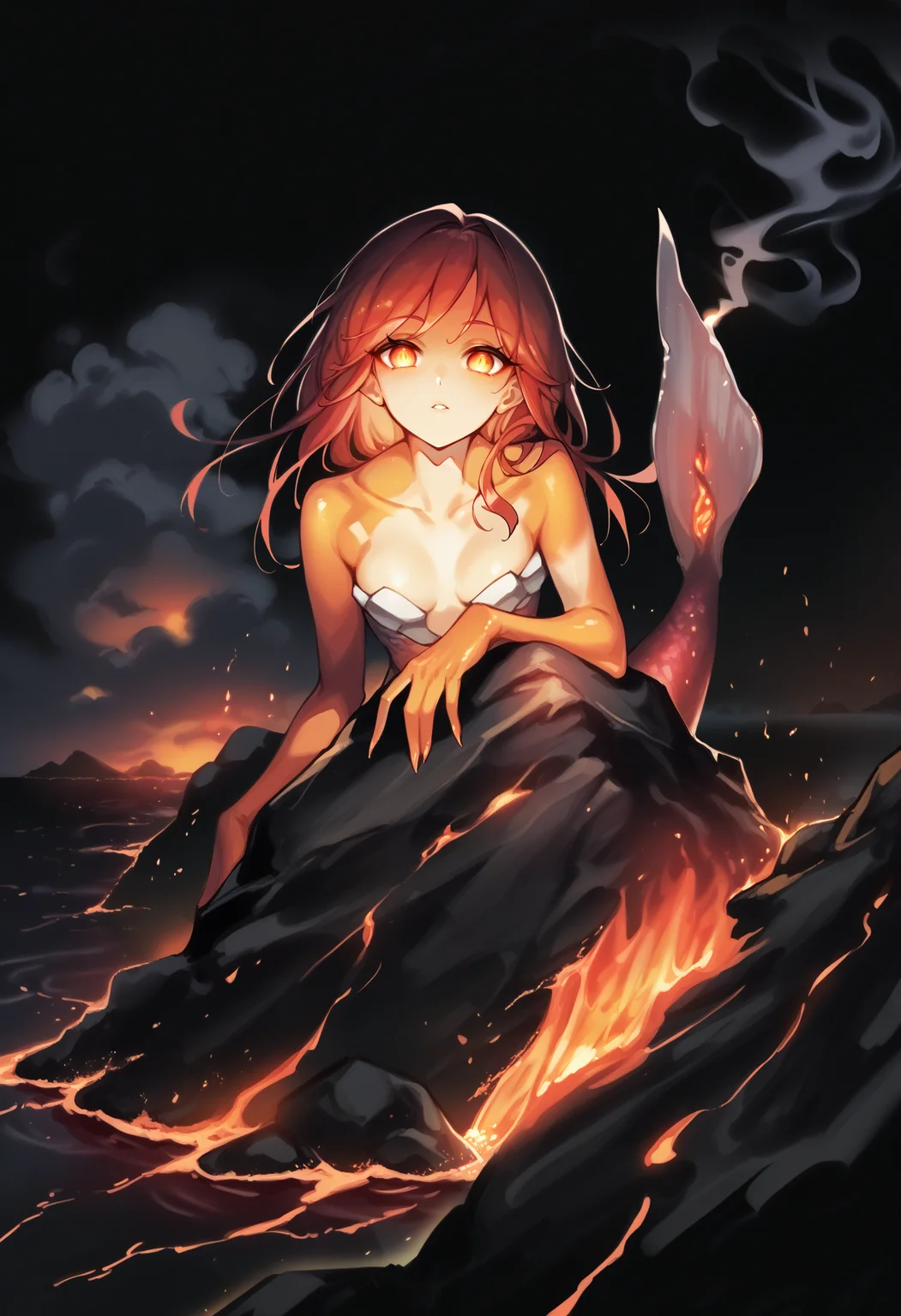 score_9, score_8_up, score_7_up, score_6_up, source anime, dark theme, black background,
bioluminescence, 1girl, arm support, looking at viewer, glowing eyes, cloud, collarbone, colored skin, red glow, fins, fish tail, full body, glowing, horizon, lava, long hair, mermaid, monster girl, ocean, on rock, orange skin, original, outdoors, overcast, parted lips, red hair, rock, sky, smoke, solo, tail, water,
from above ,
black background, backlighting,
masterpiece, best quality, very aesthetic, absurdres
<lora:bioluminescence_monmusu_v15:1>