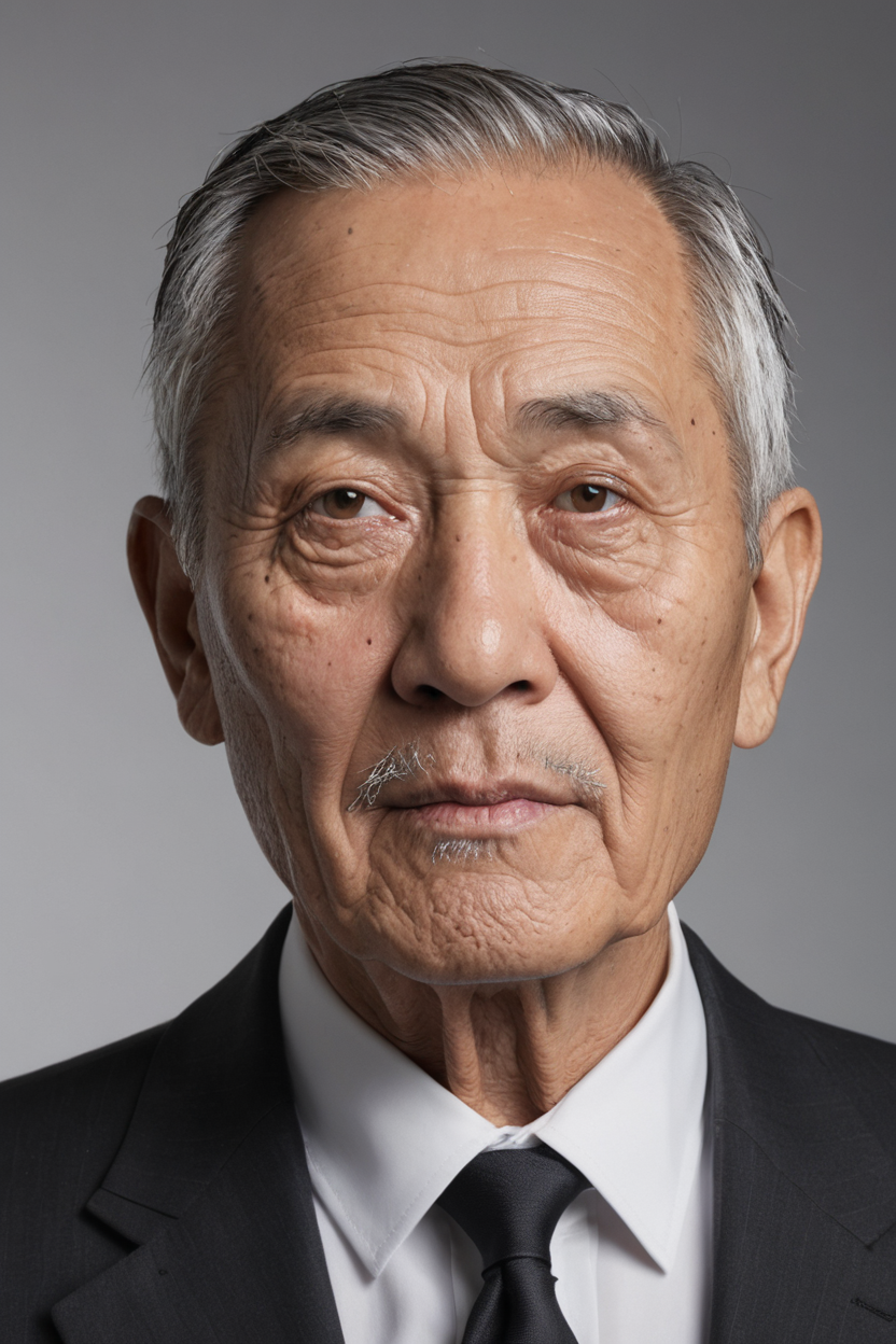 Realistic,Chinese old man portrait,upper body,short black hair,black eyes,indoors,white background,wearing a black suit,cool white lighting,looking at viewer,pale white beard,weathered facial wrinkles