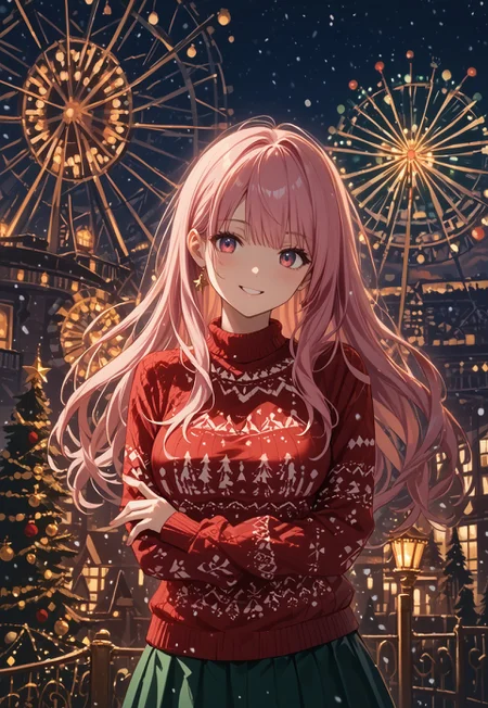 safe_pos, score_9, score_8_up, score_7_up,source_anime, 4K, finely detailed, masterpiece, intricate details, beautiful detailed, delicate, best quality,
(amusement park:1.2), christmas, night, snowing, fantasy, christmas tree, ((a girl)), pink hair, christmas_sweater, red sweater, long hair, fancy hair style, sensual woman, beautiful breasts, green skirt, simple christmas ornaments, smile, glowing ferris wheel,