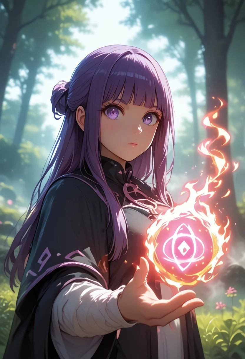 score_9, score_8_up, score_7_up, 2 girls, 
perfect face, detailed eyes, detailed skin, 
(fern \(sousou no frieren\), large breasts, long hair, purple hair, half updo, blunt bangs, purple eyes, big eyes, black robe),
spell bind, cinematic angle, Fractals, flame, smoke, energy ball:1.2, sparkle, Depth of field
Fog, dark forest, blurry background,