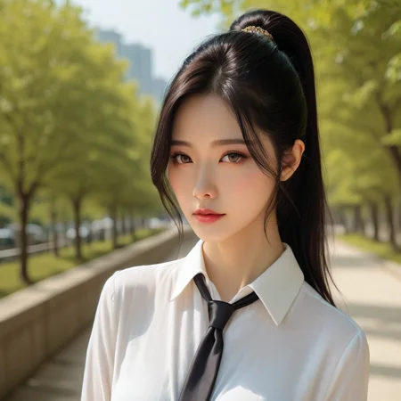 [5]a stunning real medium breasts Korean woman with long, flowing dark hair, her piercing gaze directly addressing the viewer. score_9, score_8_up, score_7_up, 4k, high quality, (best quality:1.1), realistic, photorealistic, close-up, upper body, (ultra HD quality details), High Fashion, A highly detailed, realistic digital photo of a Korean woman 28yo with a pale complexion, emphasizing her enigmatic and mystical aura,, high resolution, rich textures, and contemplative mood. Her eyes are a deep piercing and  brown, dynamic, dramatic, haute couture, elegant, ornate clothing, dark straight hair with a few loose strands framing her face, against a cyan gradient background, Realistic photograph, Movie light, film grain, white shirt, blurry, black hair, outdoors, black necktie, grey skirt, collared shirt, ponytail, pencil skirt, long sleeves, long hair, <lora:JennifePonySRV1:1>, <lora:add-detail-xl:0.5>, <lora:Expressive_H-000001:1.2>, <lora:IzayoiLycoXL:0.3>, embedding:pureerosface_v1, medium breasts,