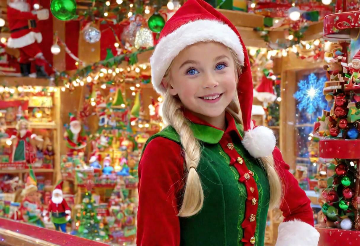 (((masterpiece))), ((Snowy Christmas scene in santas toy shop with beautiful blond haired girl facing the camera with iridescent blue eyes)), medium shot, background:snowy Christmas scene, ((Santas Elves Making Toys and christmas lights lit up around the toy shop)), (happy elves smiling and walking around toy shop enjoying the Christmas spirit), complex 3d render, intricate reflections, ultra-detailed, HDR, Hyperrealism, Panasonic Lumix s pro 50mm, 8K, octane rendering, raytracing, (((professional photography))), high definition, photorealism, hyper-realistic, bokeh, depth of field, dynamically backlit,  studio, vibrant details, ((professional Color grading)), photorealistic ,detailmaster2,photorealistic, sharp edges,  sharp focus <lora:locon_perfecteyes_v1_from_v1_64_32:1> <lora:more_details:1>