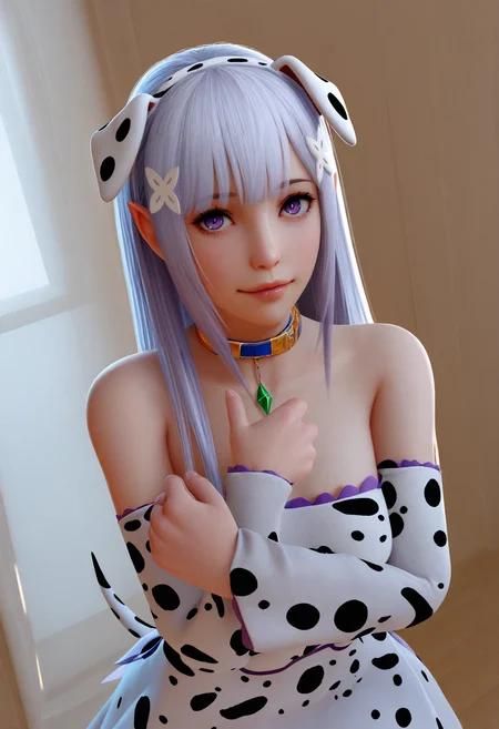 safe, masterpiece, very aesthetic, 3d, realistic, photorealism, 1girl, (emilia_\(re:zero\):0.8), dalmatian costume
<lora:3DStyle_NAIXL_v10:1>