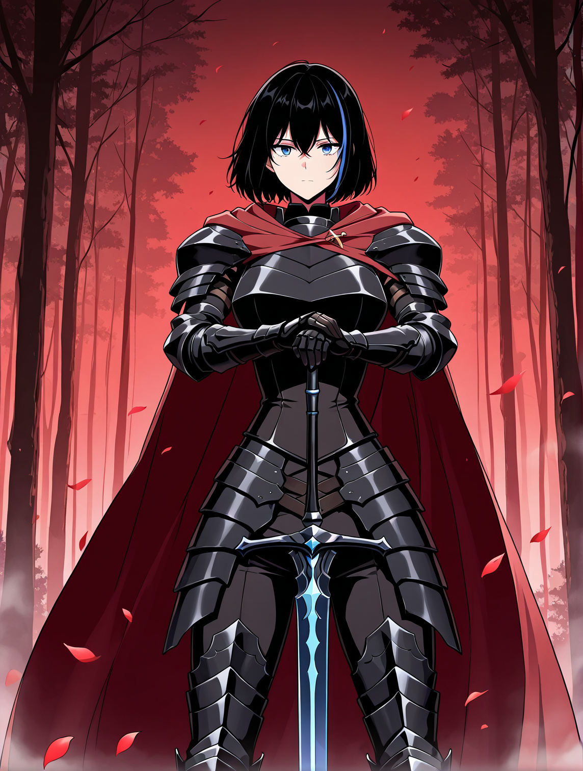 <lora:Cheon_Soyeon__The_Knight_King_Who_Returned_with_a_God__Illustrious:1>
1 girl, solo, black hair, short hair, loose hair, blue hair streak, multicolored hair, streaked hair, bangs, hair between eyes, blue eyes, large breasts
black armored boots, black armored armor, black corset, red cape, gauntlets, black gloves, black pants
zPDXL3, score_9_up, score_8_up, score_7_up, (Anime_source),Masterpiece,(perfect female body:1.2), small waist,(incredibly detailed:1.4), slim, beautiful fingers, sword masterpiece, best quality,high quality, newest, highres,8K,HDR,absurdres, enchanted sword, floating petals, intricate patterns, ethereal glow, hands on hilt, looking at viewer, cowboy shot, legs apart, outdoors, night, red theme, fog, forest