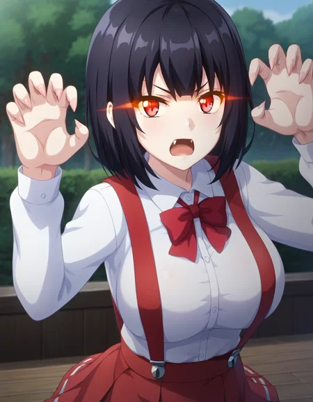 score_9,score_8_up,score_7_up,score_6_up BREAK official art,solo,outdoors,upper body,(portrait:1.5),looking at viewer,facing viewer,angry,frown,pale skin,Hiraki Hanako,short hair,black hair,bangs,glowing eyes,red eyes,open mouth,fangs,school uniform,collared shirt,white shirt,long sleeves,claw pose,large breasts,high-waist skirt,suspenders,red skirt,thick thighs,white socks,loafers,<lora:Hiraki Hanako(th vs se)-Pony:1.3>,<lora:Smooth Anime Style LoRA XL:0.8>,