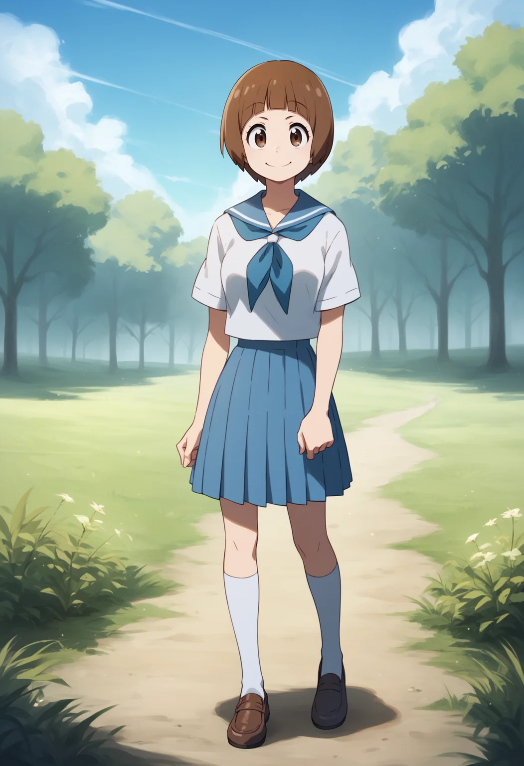 score_9, score_8_up, score_7_up, score_6_up, score_5_up, score_4_up, BREAK,
1girl, mankanshokumako, brown eyes, brown hair, short hair, bob cut, school uniform,
smile, full body, standing, contrapposto, solo, outdoors, blue sky, grass, moutains background <lora:MakoMankanshokuXL:1>