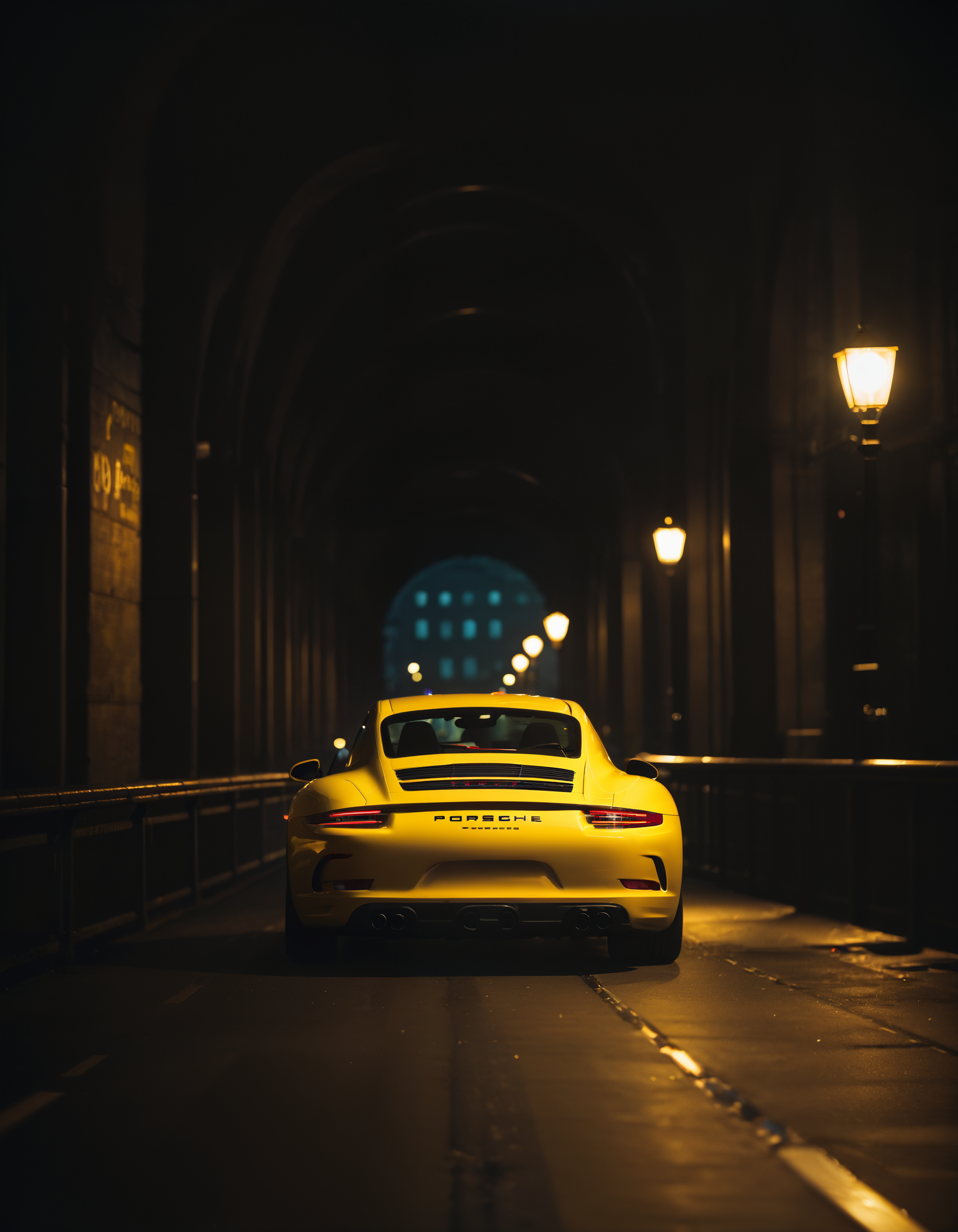 dark photo of a yellow porsche 911 driving on bridge over Amsterdam canal at night, chiaroscuro, 35mm cinematic, atmospheric lighting, 