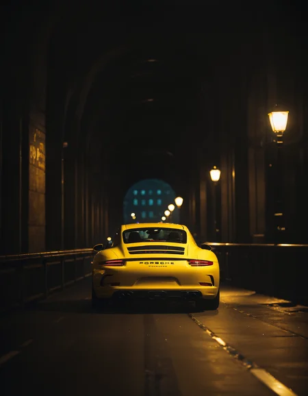 dark photo of a yellow porsche 911 driving on bridge over Amsterdam canal at night, chiaroscuro, 35mm cinematic, atmospheric lighting,