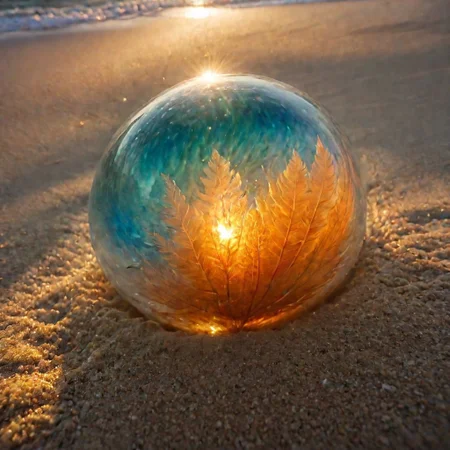 macrophotography,extreme close up of (perfectly spheric giant glass ball) partially buried in sand beach at sunset, Sunset beams on the windblown sand through glass, <lora:EnvyRefractionXL01:1>, This should be a ((masterpiece)) with a ((best_quality)) in ultra-high resolution, both ((4K)) and ((8K)), incorporating ((HDR)) for vividness. It uses a ((Kodak Portra 400)) lens for timeless, professional quality. Emphasizes a ((blurred background)) with a touch of ((bokeh)) and ((lens flare)) for an artistic effect. Enhance ((vibrant colors)) for a vivid look. Make sure the photograph is ((ultra-detailed)) and shows ((absurd)) details. Pay special attention to capturing the ((sadness)) of the subject. The goal is to create a ((professional photograph)) that is visually stunning and technically excellent, fluorescent dust, glowing dust
