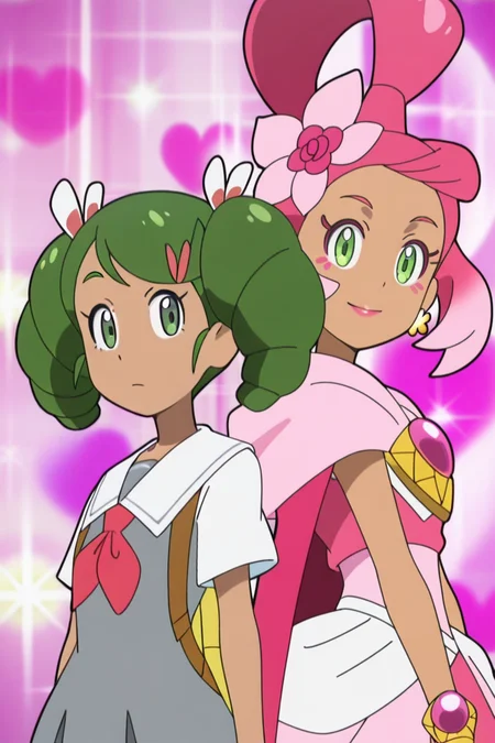 2girls,  back-to-back,  looking at viewer, 
<lora:mallow_scho_magi_1:1> mag3ca gir7l,
BREAK,.
mall7ow_un7form,green eyes,dark skin,dark-skinned female, green hair,twintails, curly pigtails,hair clips,yellow backpack,gray school uniform,sailor collar, red scarf, 
BREAK,.
mall7ow_mag3cal,green eyes,dark skin,dark-skinned female, curly pink hair in high ponytail,pink flower hair hornament,yellow earrings,makeup,pink cape, pink dress,, masterpiece, high quality, absurdres, best quality, very aesthetic, newest,