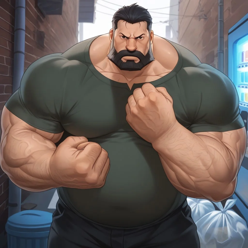 safe_pos, safe_pos, source_anime, detailed background, (score_9, score_8_up, score_7_up), zoroj, masterpiece, best quality, high quality, ultra detailed, highly detailed, high detail, artistic lighting, (highly detailed face, (perfect face, perfect eyes)), depth of field, perfect soft lighting, best shadows, perfect reflections, volumetric, detailed image, high resolution, defined faces, sharp definition, great lighting,

solo, 1boy, male focus, Sig Curtis, short hair, black hair, black eyes, facial hair, beard, plain green shirt with short sleeves, black pants, musclegut, hairy arms, musclebears, muscular male, bara, hyper muscles, veiny muscles, large male,

alley, brick wall, cable, crosswalk, utility pole, vanishing point, vending machine, trash can, trash bag, cowboy shot, standing, looking at viewer,