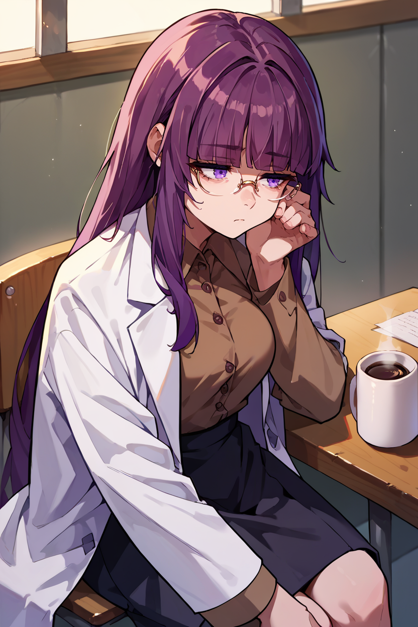 score_9, score_8_up, score_7_up, score_6_up, source_anime, 1girl, solo, <lora:eta-pdxl-nvwls-v1:1> eta, purple hair, blunt bangs, long hair, medium breasts, white labcoat, brown shirt, collared shirt, glasses, black skirt, sitting, chair, desk, tired, coffee mug